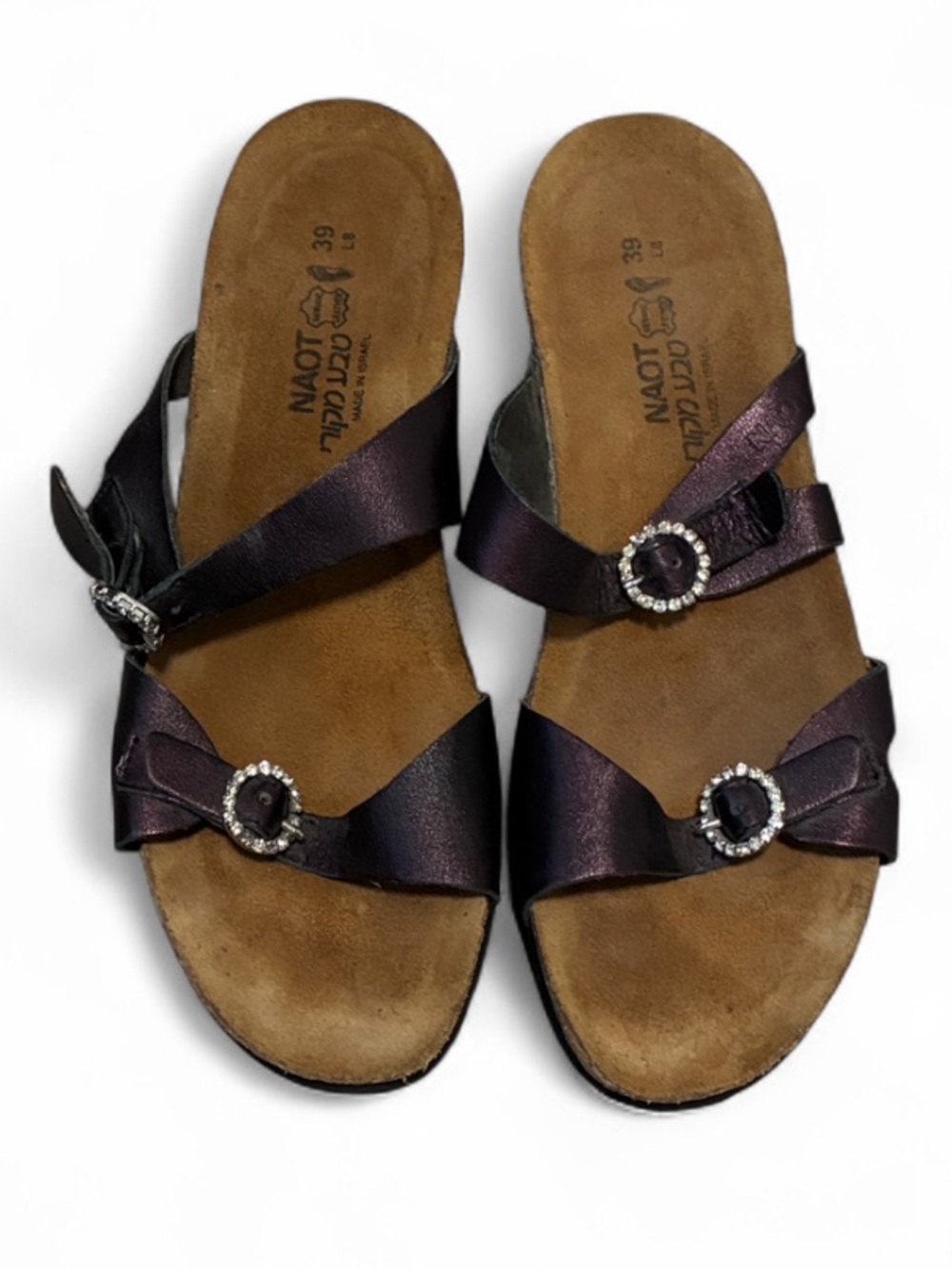 NAOT Birkenstock Comfort Slide Sandals in Deep Purple with Decorative Buckles